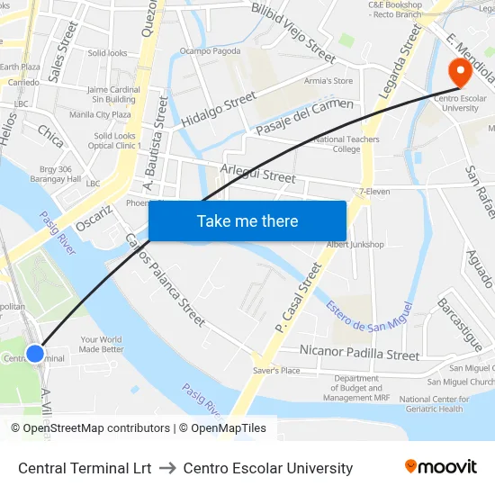 Central Terminal Lrt to Centro Escolar University map
