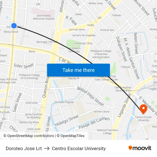 Doroteo Jose Lrt to Centro Escolar University map