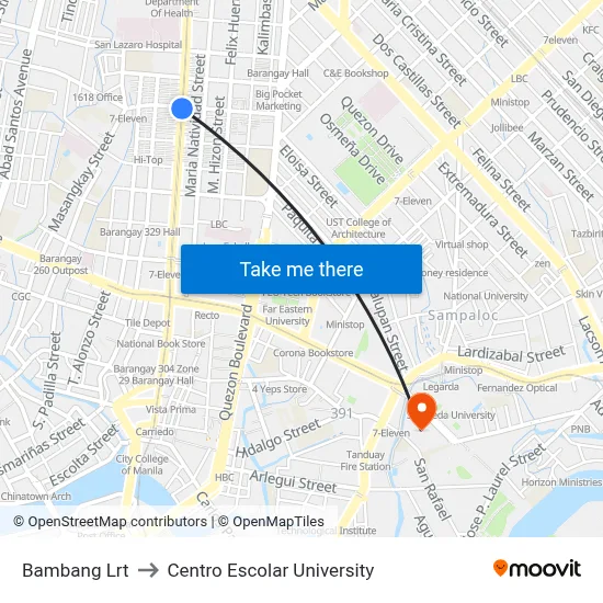 Bambang Lrt to Centro Escolar University map