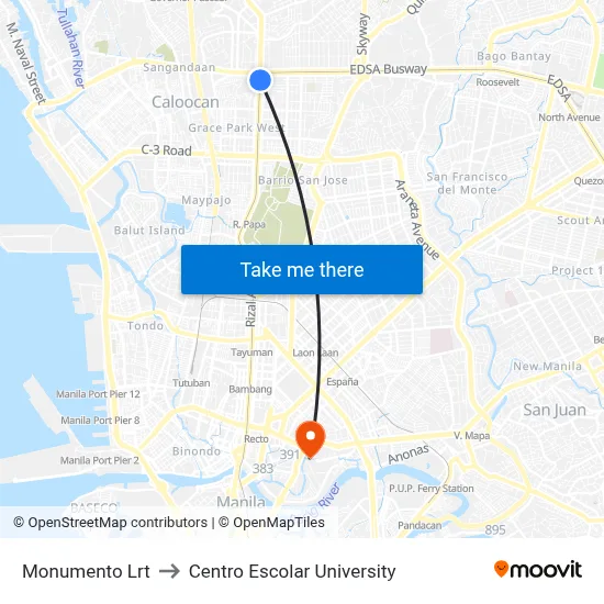 Monumento Lrt to Centro Escolar University map