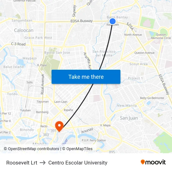Roosevelt Lrt to Centro Escolar University map