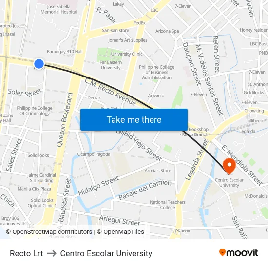 Recto Lrt to Centro Escolar University map