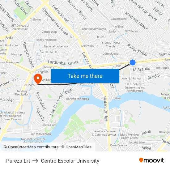 Pureza Lrt to Centro Escolar University map