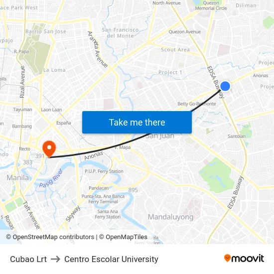Cubao Lrt to Centro Escolar University map