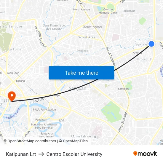 Katipunan Lrt to Centro Escolar University map