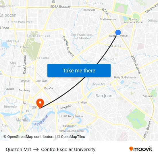 Quezon Mrt to Centro Escolar University map