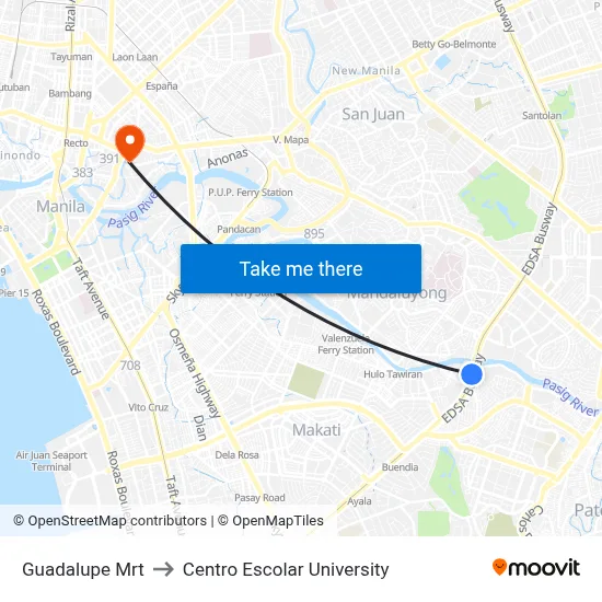Guadalupe Mrt to Centro Escolar University map