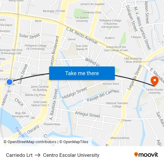 Carriedo Lrt to Centro Escolar University map