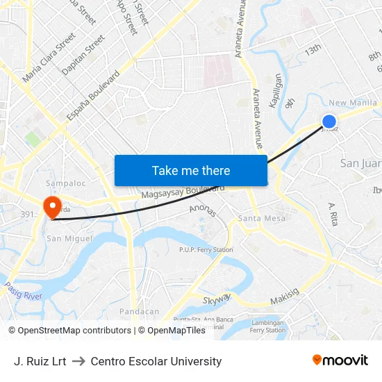 J. Ruiz Lrt to Centro Escolar University map