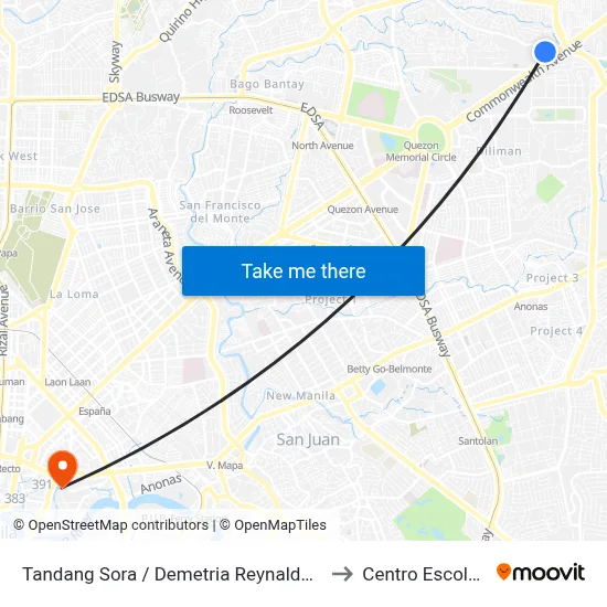 Tandang Sora / Demetria Reynaldo Intersection, Quezon City to Centro Escolar University map