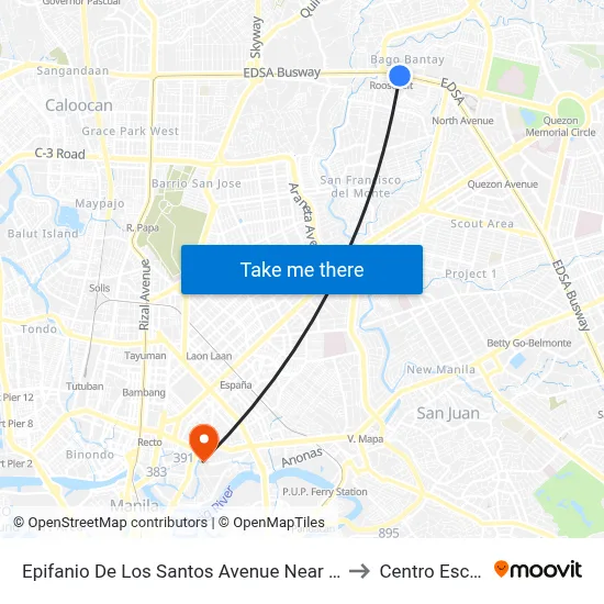 Epifanio De Los Santos Avenue Near Walter Mart Service Road, Quezon City to Centro Escolar University map