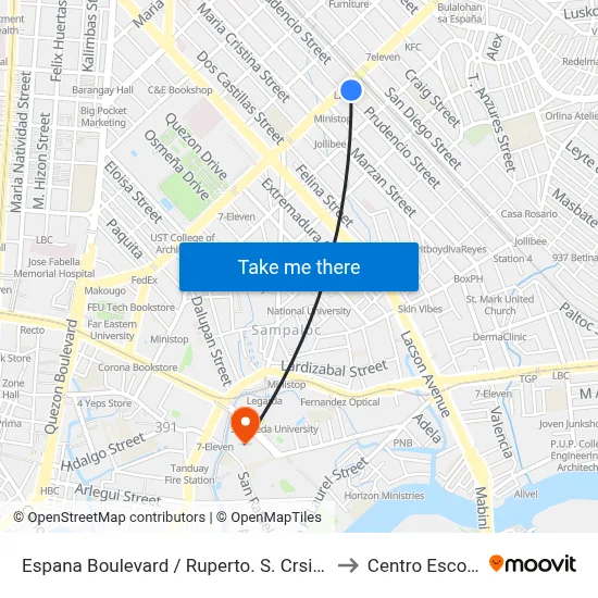 Espana Boulevard / Ruperto. S. Crsitobal Streett Intersection, Manila to Centro Escolar University map