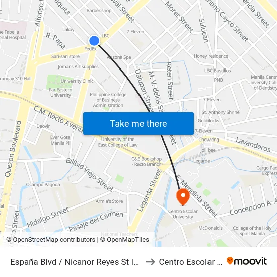 España Blvd / Nicanor Reyes St Intersection, Manila to Centro Escolar University map