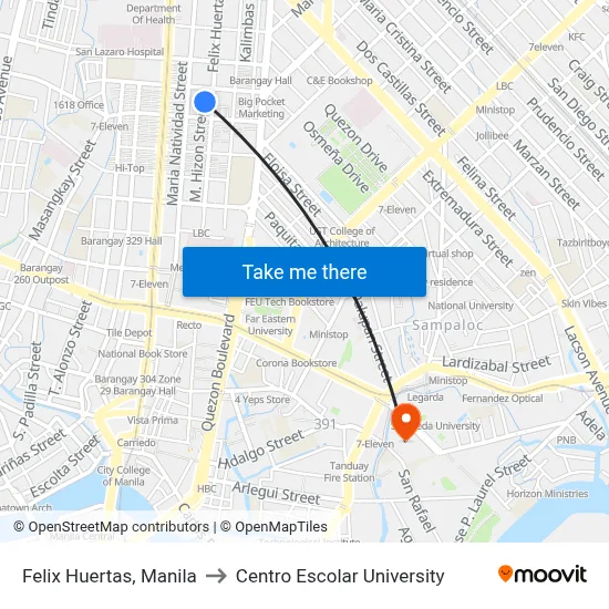 Felix Huertas, Manila to Centro Escolar University map