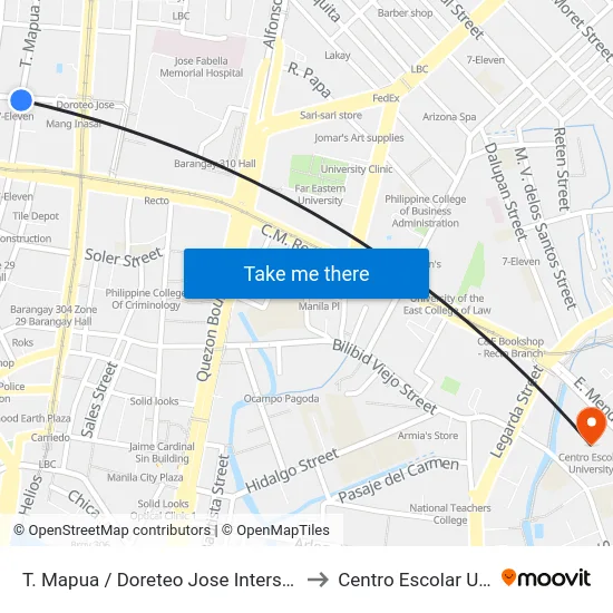 T. Mapua / Doreteo Jose Intersection, Manila to Centro Escolar University map
