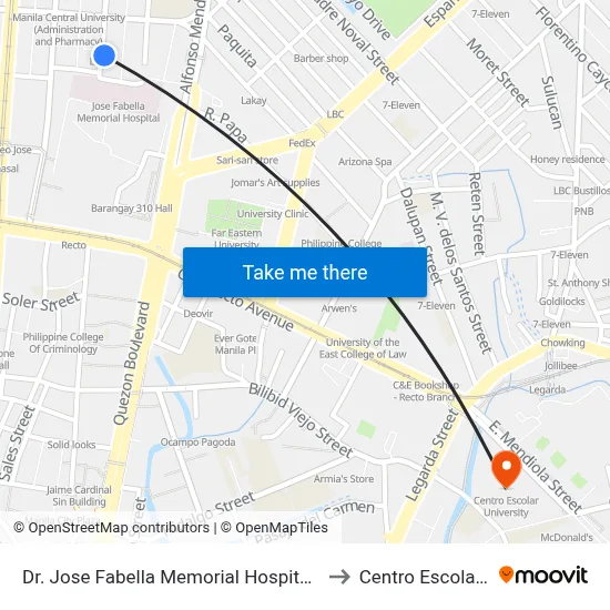 Dr. Jose Fabella Memorial Hospital, Felix Huertas, Manila to Centro Escolar University map