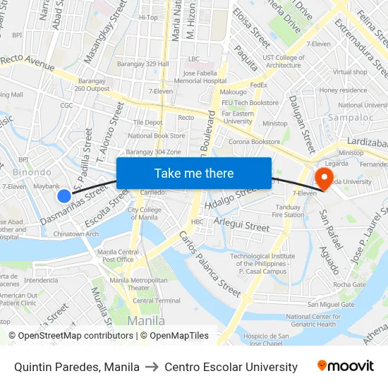 Quintin Paredes, Manila to Centro Escolar University map