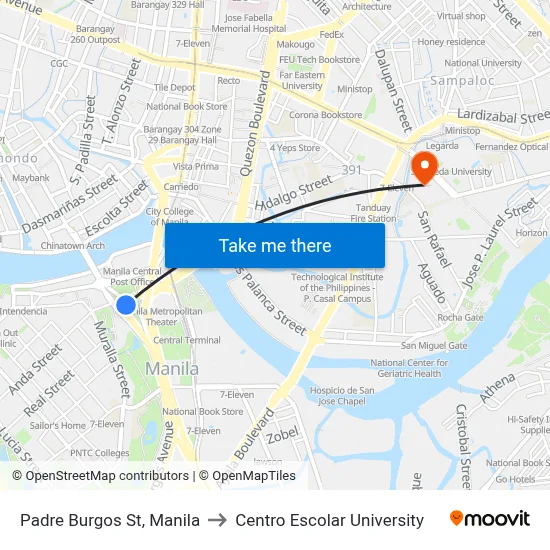 Padre Burgos St, Manila to Centro Escolar University map