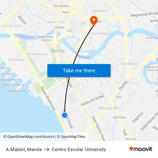 A.Mabini, Manila to Centro Escolar University map