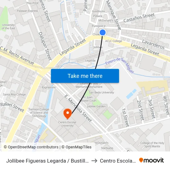 Jollibee Figueras Legarda / Bustillos Intersection, Manila to Centro Escolar University map