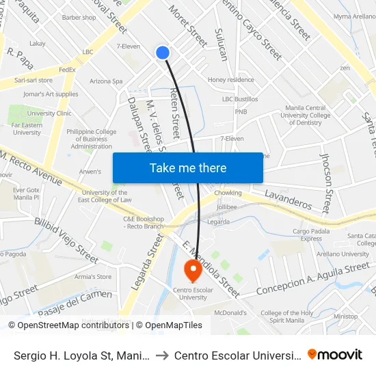 Sergio H. Loyola St, Manila to Centro Escolar University map