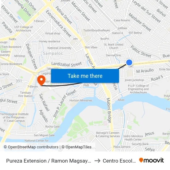 Pureza Extension / Ramon Magsaysay Blvd Intersection, Manila to Centro Escolar University map