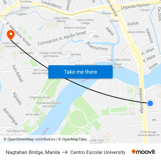 Nagtahan Bridge, Manila to Centro Escolar University map