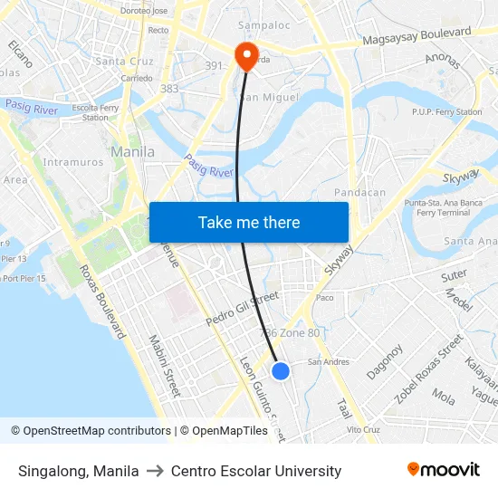 Singalong, Manila to Centro Escolar University map