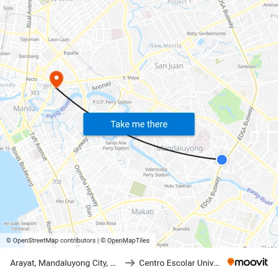 Arayat, Mandaluyong City, Manila to Centro Escolar University map