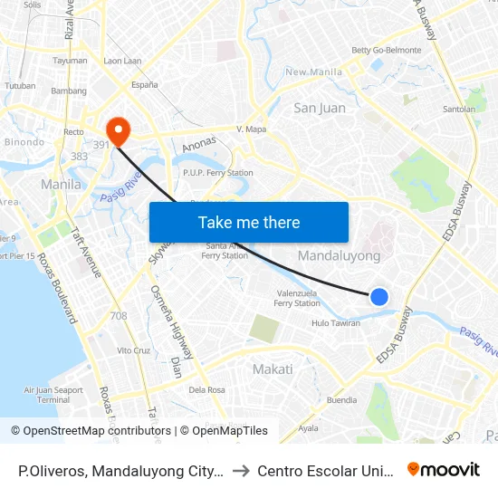 P.Oliveros, Mandaluyong City, Manila to Centro Escolar University map