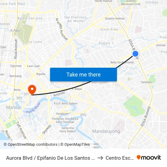 Aurora Blvd / Epifanio De Los Santos Avenue Intersection, Quezon City, Manila to Centro Escolar University map