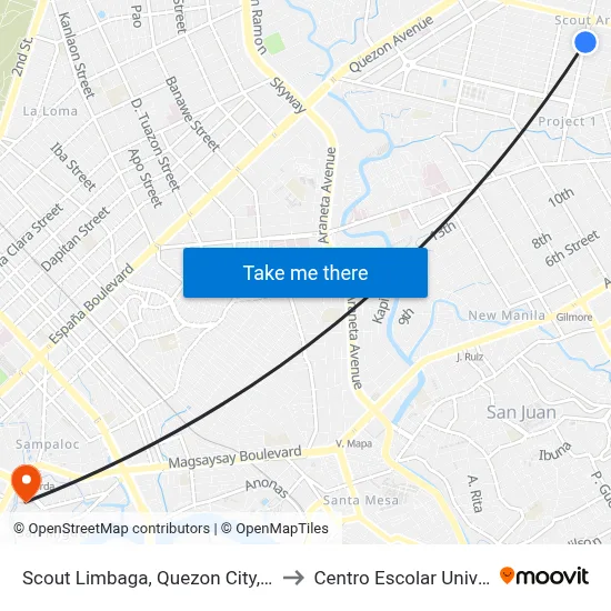 Scout Limbaga, Quezon City, Manila to Centro Escolar University map