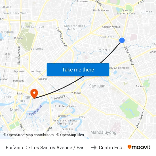 Epifanio De Los Santos Avenue / East Avenue Intersection, Quezon City, Manila to Centro Escolar University map