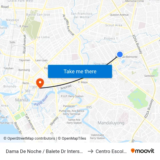 Dama De Noche / Balete Dr  Intersection, Quezon City, Manila to Centro Escolar University map