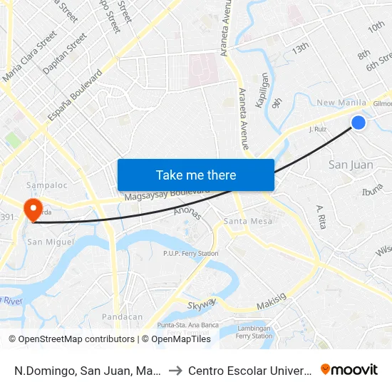 N.Domingo, San Juan, Manila to Centro Escolar University map