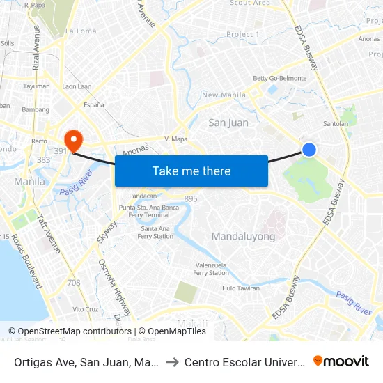 Ortigas Ave, San Juan, Manila to Centro Escolar University map