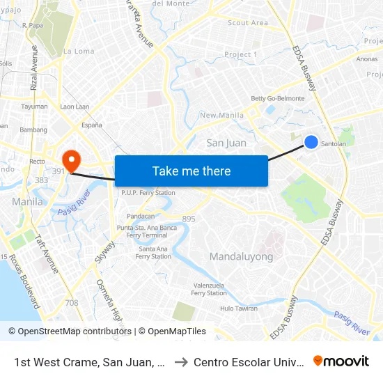 1st West Crame, San Juan, Manila to Centro Escolar University map