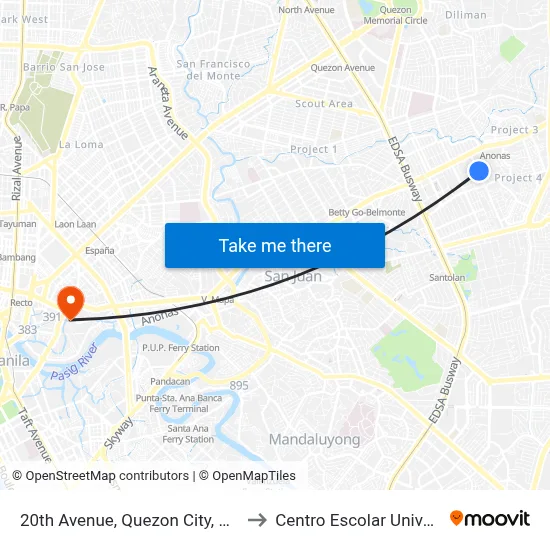 20th Avenue, Quezon City, Manila to Centro Escolar University map