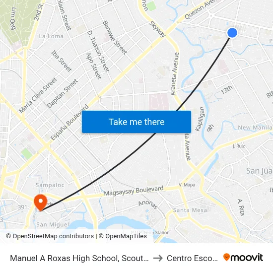 Manuel A Roxas High School, Scout Chuatoco, Quezon City, Manila to Centro Escolar University map