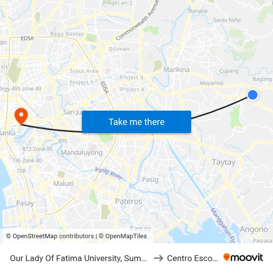 Our Lady Of Fatima University, Sumulong Hwy, Antipolo City, Manila to Centro Escolar University map
