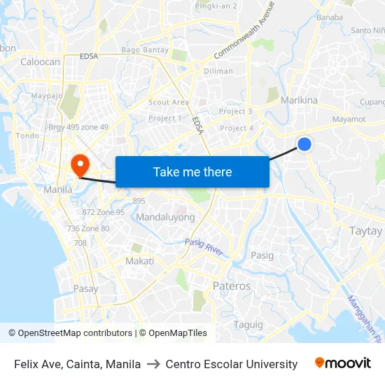 Felix Ave, Cainta, Manila to Centro Escolar University map