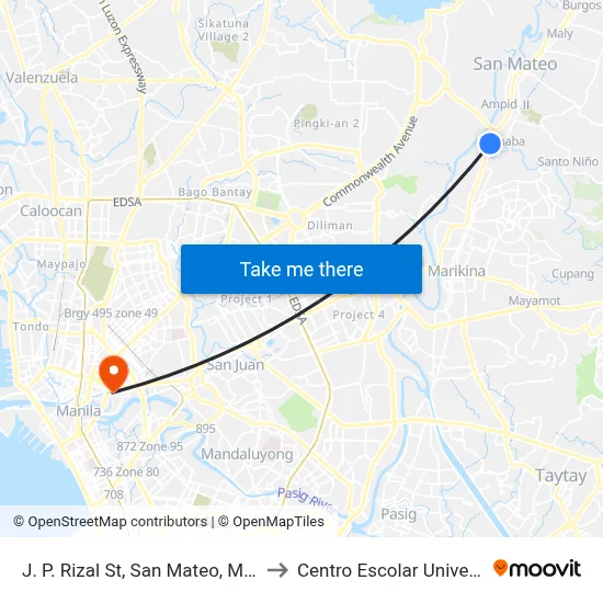 J. P. Rizal St, San Mateo, Manila to Centro Escolar University map