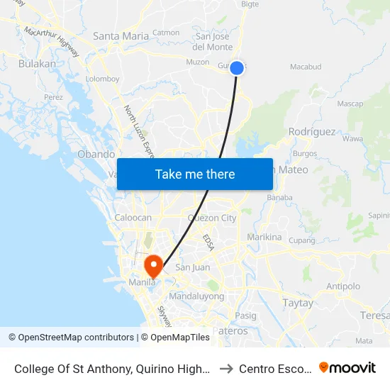 College Of St Anthony, Quirino Highway, City Of San Jose Del Monte to Centro Escolar University map