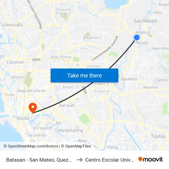 Batasan - San Mateo, Quezon City to Centro Escolar University map