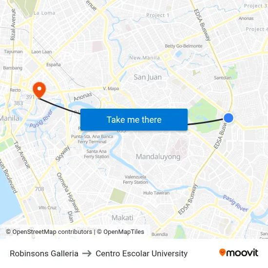 Robinsons Galleria to Centro Escolar University map
