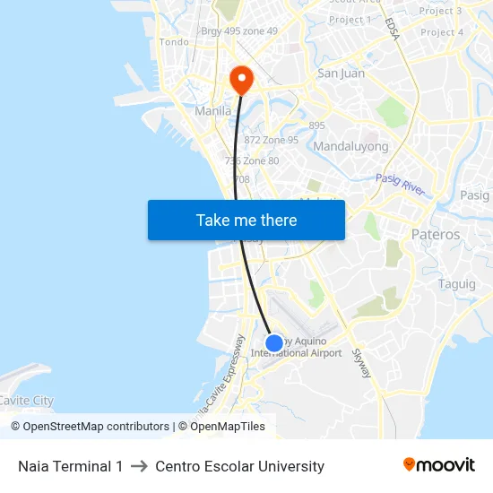 Naia Terminal 1 to Centro Escolar University map