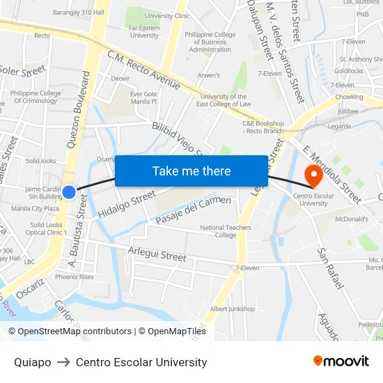 Quiapo to Centro Escolar University map