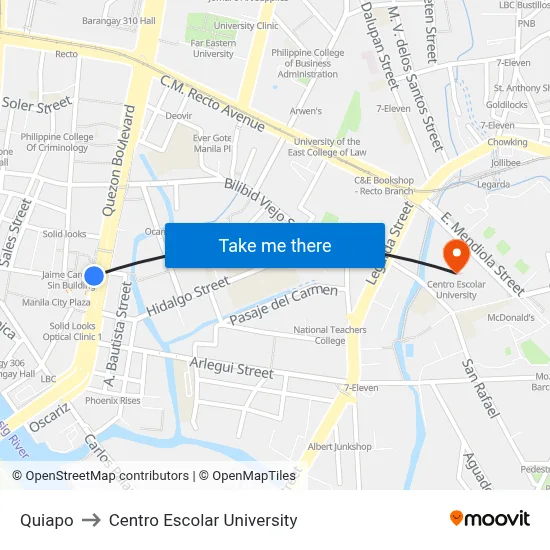 Quiapo to Centro Escolar University map
