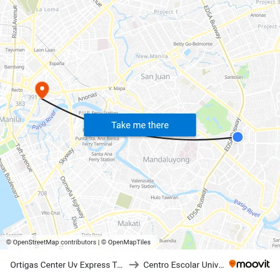 Ortigas Center Uv Express Terminal to Centro Escolar University map