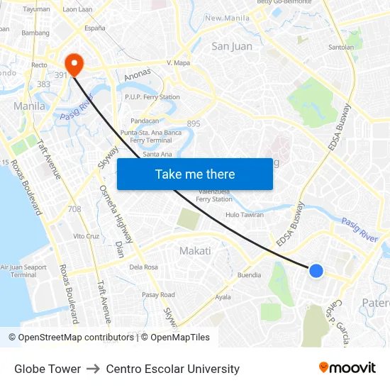 Globe Tower to Centro Escolar University map